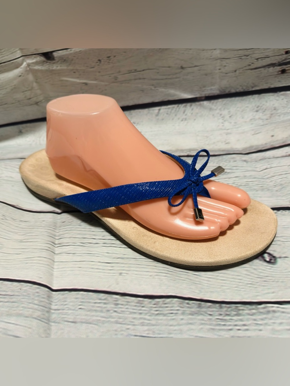 Vionic Bella II Bow Sandals Sz 11 Blue Lizard Leather Orthotic FlipFlop Thong
